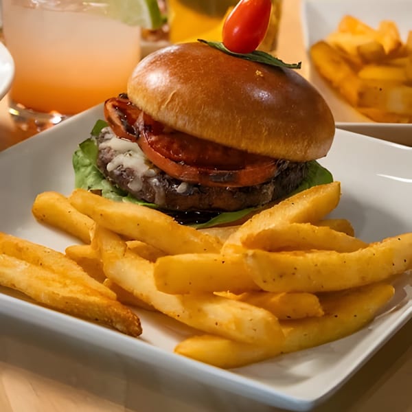 A Water Tower Grille burger with melted cheese, lettuce, and tomato, served with a side of fries.